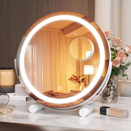 Hasipu Vanity Mirror with Lights, 11" x 11" LED Makeup Mirror, Lighted Makeup Mirror with Lights, Smart Touch Control 3 Colors Dimmable Mirror 360° Rotation White
