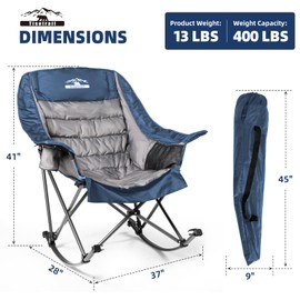 Tisetrail Oversized Rocking Camping Chair, Fully Padded Camp Chairs for Adults with Side Pocket and Cup Holder, Heavy-Duty 400lbs Capacity, Blue & Gray