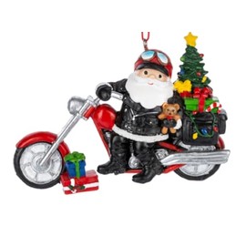The Bridge Collection 4.25" Santa Motorcycle Chopper Christmas Ornament - Christmas Biker Santa Claus Riding with Black Leather & Toy Bag