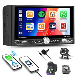 Double Din Car Stereo Radio with Wireless Apple Carplay/Android Auto 6.8 Inch IPS Touchsreen with Mirror Link,Bluetooth,FM/AM/RDS/EQ,USB/TypeC/AUX,SWC,Waterproof Backup Camera& MIC