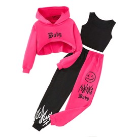 Hilinker - Conjunto de 3 piezas para niñas con capucha y pantalones deportivos acanalados, Black Hot Pink Baby, 7-8 Años