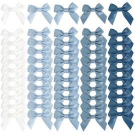 AIMUDI 5 Colors Dusty Blue 2" Satin Bows Self Adhesive Satin Bows for Gift Wrapping Premade Ribbon Bows with Double-Sided Tape for Making Crafts Baby Shower Birthday Party Wedding Decorations, 50 PCs