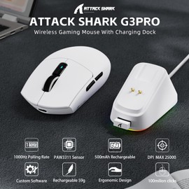 ATTACK SHARK G3PRO Wireless Gaming Mouse with RGB Charging Dock,2.4G/USB-C Wired/BT PAW3311 Optical Sensor 1K Polling Rate Adjustable 25K DPI,500mAh Battery Ultra Lightweight 59g Mice (White)