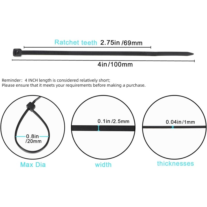 1000 Pack 4 inch KOOWIN Nylon Plastic Cable Zip Ties