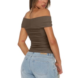 Darong Cap Sleeve Crop Tank Tops for Women Summer Off The Shoulder Neck Tank Top 2024 Casual Outfit 9058 Khaki XL