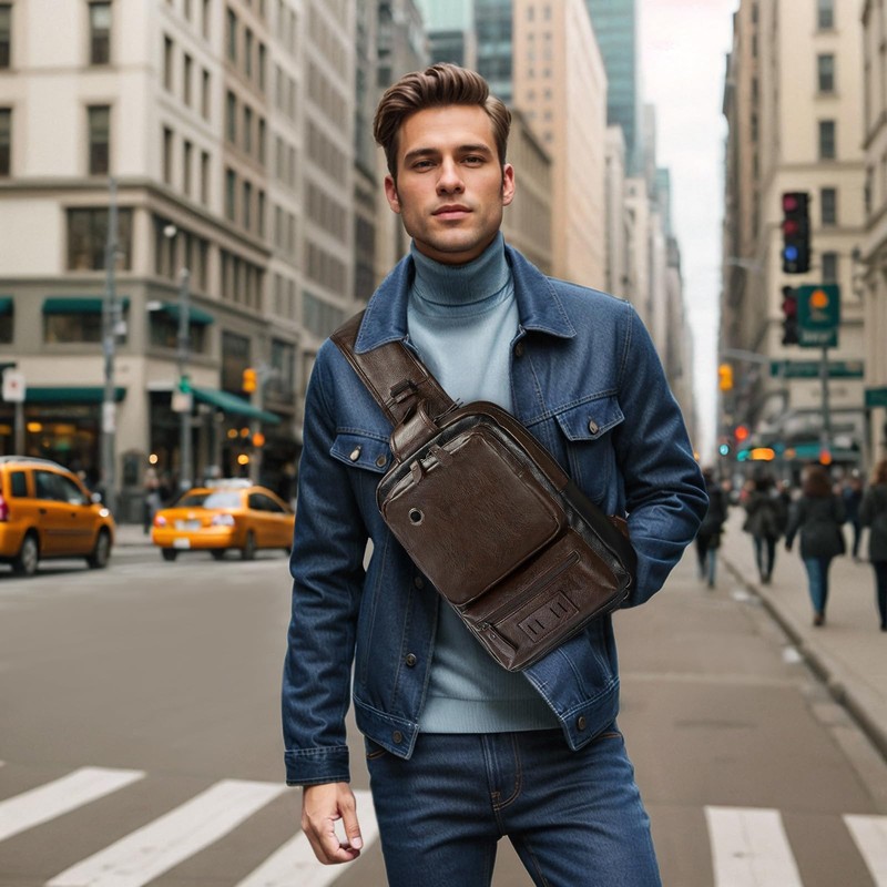 SUIKIHUM Vintage PU Leather Sling Backpack for Men, Crossbody Bag,
