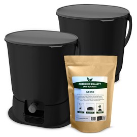 TeraGanix Bokashi Compost Starter Kit, Essential Set + Base, Indoor Composting, 2X 15.3L (4 gal) Bins, Collect & Ferment Waste, Airtight, No Pests or Odors, Bokashi Rice Bran Included, (Black)