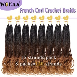 French Curl Crochet Braids 18 Inch 8 Packs Goddess Box Braids Crochet Hair for Women Pre Looped Crochet Box Braids with Curly Ends Synthetic French Curly Braiding Hair Extensions (1B/33/30)