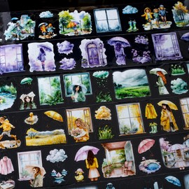 TIAMECH 6 Rolls Rainy Day Series PET Scrapbook Tapes, Urban Spring Rain Drizzle Splashing Storm Decorative Tape Stickers for Junk Journaling, Die-Cutting Tape Scrapbooking Supplies, and Ephemera