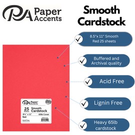 PA Paper Accents Smooth Cardstock 8.5" x 11" Red, 65lb Colored cardstock Paper for Card Making, Scrapbooking, Printing, Quilling and Crafts, 25 Piece Pack
