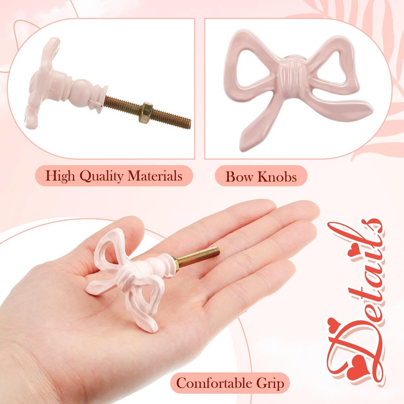 MorningRo 6 Pcs Pink Bow Knobs for Dresser,Pink Bow Drawer