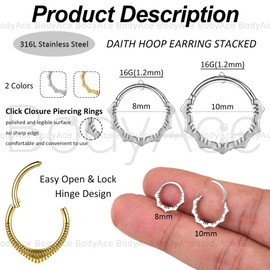 BodyAce 16G Nose Rings Hinged Septum Clicker, Flower Helix Hoops Gold Tragus Earrings, Small Septum Ring 8mm 10mm Conch Piercing Cartilage Jewelry [Goth V:8mm;Gold]