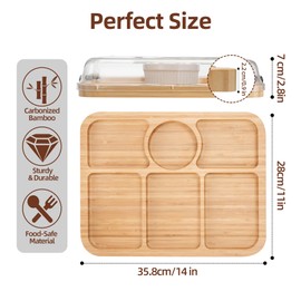 WILLKOMMEN Charcuterie Board with Lid- 6 Section Rectangular Serving Tray with Carry Handle & Locking Lid, Portable Bamboo Serving Platter, Food Trays for Party Picnic Cheese Snack