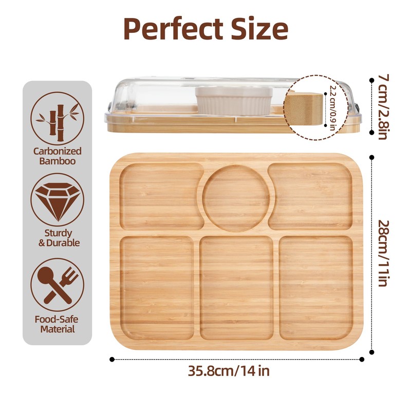 WILLKOMMEN Charcuterie Board with Lid- 6 Section Rectangular Serving Tray