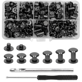 GOIYZTTR Set of 110 Chicago Screws M5 x 4/5/6/8/10/12 mm Screw Rivets Gun Grey Book Screws with Installation Tools Assortment Kit for DIY Leather Decoration