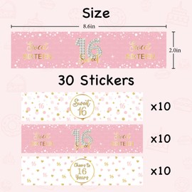 Sweet Sixteen Water Bottle Labels, Cheers to 16 Years Stickers, for Girl Happy 16th Birthday Labels Sign Pink and White - 30 Pcs