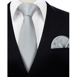 HISDERN Silver Ties for Men Extra Long Tie and Pocket Square Formal Business Satin Necktie Handkerchief Set Pure Elegant Wedding Party Men's Neckties