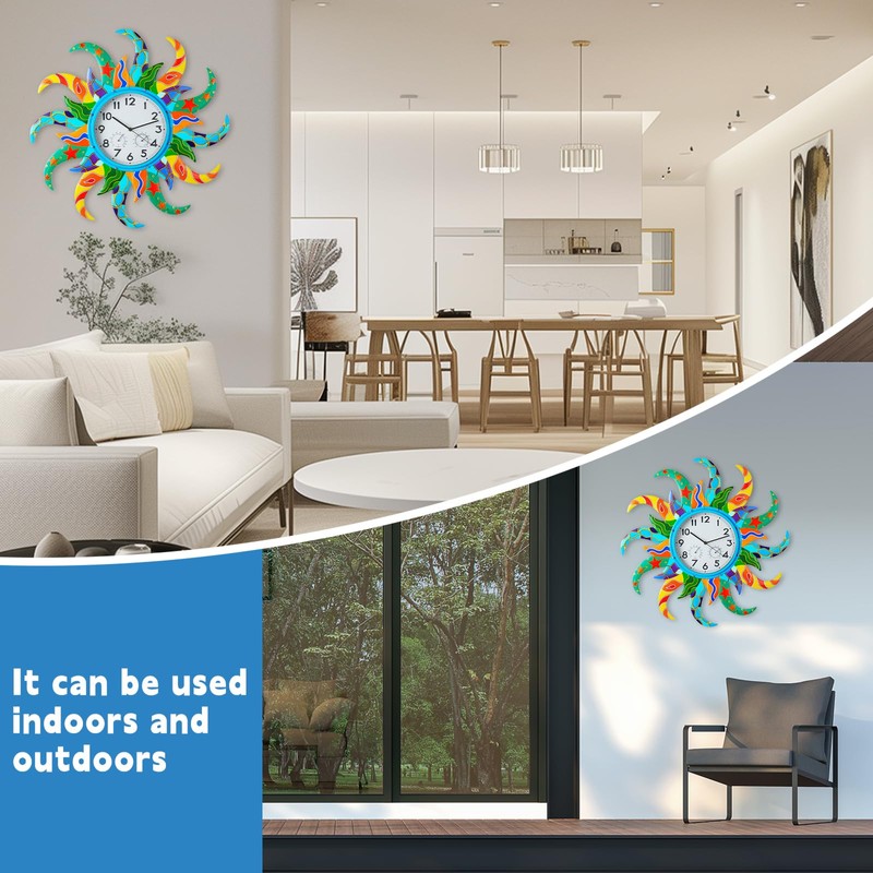 Large Blue Sun Outdoor Clock Thermometer Combo,25 inch Wall-Mounted Outdoor