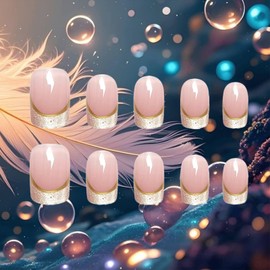 French Tips Press on Nails 24Pcs Glossy Gold Curve Line Short Square False Nails Cat Eye Acrylic Fake Nail Sparkly Polish Stick on Fingernails Polish Gel Glue on Nail for Coquette Women Girls