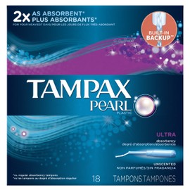 Tampax Pearl Plastic Unscented Tampons, Ultra Absorbency, 18-Count (Pack of 12)