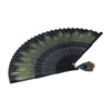 Folding Fan Black Bones Beautiful Peacock Pattern Antique Bamboo Hand