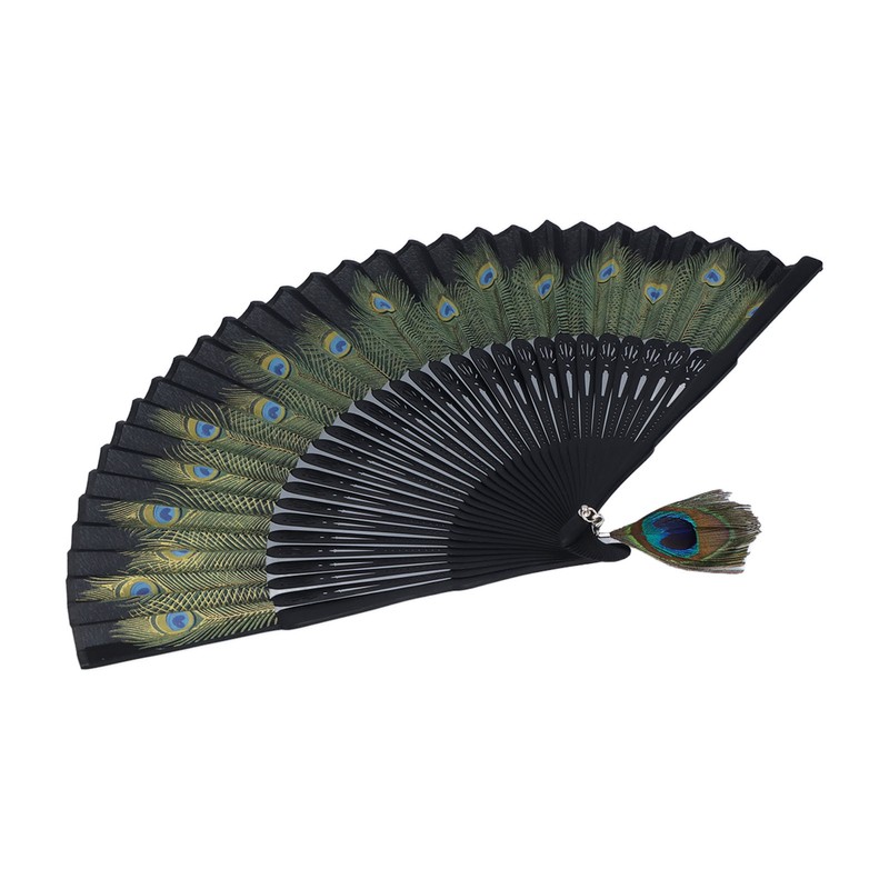 Folding Fan Black Bones Beautiful Peacock Pattern Antique Bamboo Hand