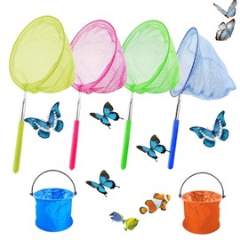 Sythrix 4 Pcs Kids Fishing Net with 2 Foldable Water Buckets Set,Butterfly Fishing Nets for Kids Telescopic Fishing Net for Catching Fish Crab Butterfly Playing Beach Ponds Pool Outdoor