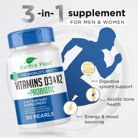Earth's Pearl Vitamin D3 K2 5000 IU - 3-in-1 K2 D3 Vitamin Supplement with Probiotics for Women & Men, 3-Month Supply, Gut Health Supplements for Women & Men (90 CT)