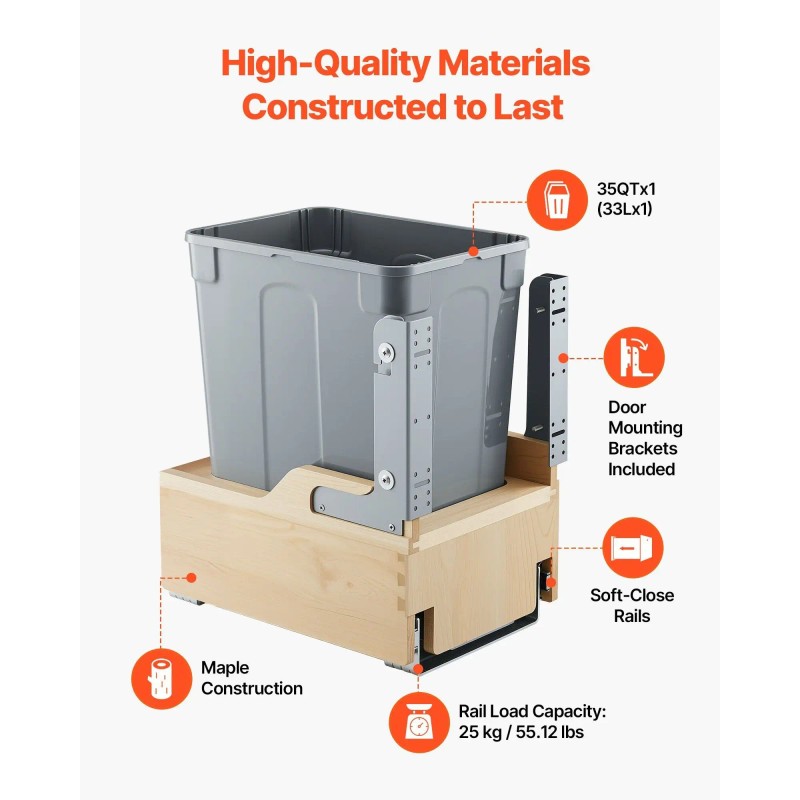 35QT Under Cabinet Soft-Close Kitchen Waste Bin Pullout Trash Can