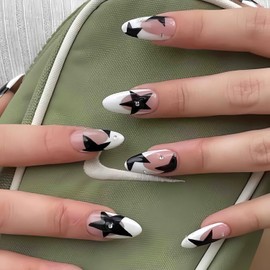 Almond Press on Nails Medium Fake Nails, White French Black Stars with Rhinestones Gel Acrylic Nails with Nail Glue, Glossy False Nails Kits for Women Super Fit Natural Nails 24 Pcs
