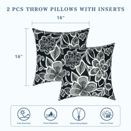 LVTXIII Outdoor Throw Pillows, Decorative Throw Pillows with Inserts, 16"x16" Square Pillows for Bed, Couch, Sofa and Patio Furniture, Set of 2, Flower Black