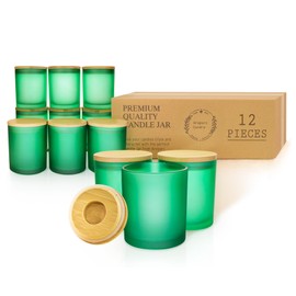 12 Pack Glass Candle Jars for Making Candles, 10 OZ Empty Candle Tins with Bamboo Lids, Bulk Clean Candle Containers Wholesale Candle Glass - Dishwasher Safe, Green Frosted
