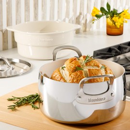 Bloomhouse 6-QT Triply Stainless Steel Dutch Oven w/Non-Stick Non-Toxic Ceramic Interior and Ceramic Steamer Insert