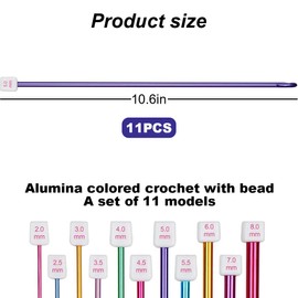 VIVIIHOO Tunisian Crochet Hooks Set with Rope, 11 Pieces, Aluminium Tunisian Crochet Hooks for Beginners, Long Crochet Hooks, Tunisian, Colourful Afghan Crochet for Scarves, Sweaters, 2.0-8.0 mm