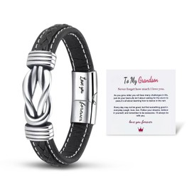 To My Grandson Bracelet Love You Forever Braided Leather Bracelet,Men's Stainless Braided Leather Bracelet Bangle Wristband Graduation Birthday Gift