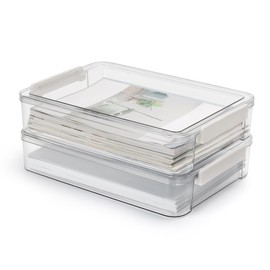 SANWICH Clear File Box 2 Pack Plastic Storage Bins with Latching Lids Document Organizer Portable Project Case Stackable Storage Boxes for A4 Letter Size Paper Office Supplies