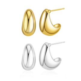 TOEECY 2 Pairs Chunky 18k Dupes Earrings Gold for Women Silver-Plated Thick Hoop Earrings Lightweight Waterdrop Hollow Open Hoops Hypoallergenic Gold-Plated Earrings Fashion Jewellery for Women and