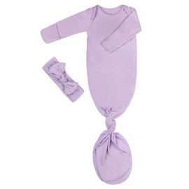 Newborn Baby Knotted Gown, Super Soft Silky Infant Long Sleeve Sleeper for Baby Girl and Boy Sleeping Bag with Hat Light Purple
