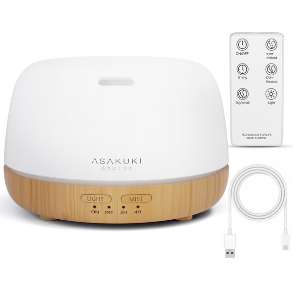 ASAKUKI Aroma Diffuser 300 ml, Essential Oil Diffuser with Remote Control, Aromatherapy Diffuser with Timer, 7 Colours LED Light, Automatic Waterless Shut-off