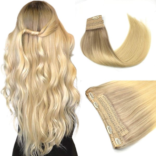Halo Hair Extensions, Straight Hidden Wire Hair Extensions, Ash Blonde to Golden Blonde and Platinum Blonde Secret Hair Extension, Fish Line Flip in Human Hair Extensions, 12inch