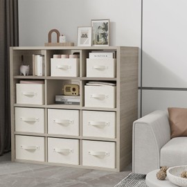 GUOHNHE Storage Bins, 3 Pack Foldable Cloth Basket, Cube Organizer with 2 Handles, Suitable for bedrooms, living rooms, wardrobes, and workspaces, Beige, 13 x 9.1 x 5.5 In, XSNY11BES-3