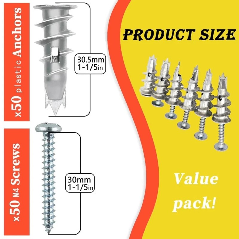 Heavy Duty 100PCS Zinc Self-Drilling Drywall Anchors, 50 Heavy Duty