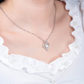 CiNily Heart Opal Pendant Necklace for Women Silver Plated Rose Necklaces with Birthstone Zirconia Anniversary Birthday Necklaces for Wife Mom Jewelry