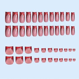 Medium Square Press On Nails Red French Tip Fake Toenails Short Square False Nails With Heart Design Cute Stick On Nails Glossy Acrylic Nails Full Cover Glue On Nails For Women Manicure Kit 48pcs
