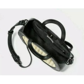 A New Day Round Crossbody Bag Purse Handbag Black Faux Leather & Woven Straw NEW