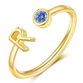 FUNEIA Initial Birthstone Rings for Women Teen Girls Non Tarnish Trendy Stackable Dainty Gold Letter Adjustable Emerald Green Cubic Zirconia Ring for Mothers Daughter Birthday Bridesmaid Gifts Jewelry