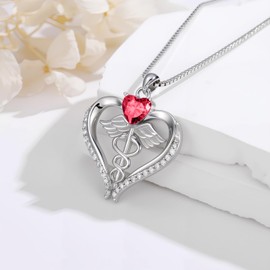 VNRIOW Nurse Gift for Women 925 Sterling Silver Caduceus Heart Moissanite Necklace for Registered Nurse Graduation Birthday Birthstones Jewelry Gift (Ruby Red)