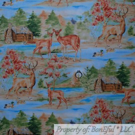 Wilmington Prints BonEful FABRIC FQ Cotton Quilt Blue Water Brown Deer Doe Buck Log Cabin Scenic L
