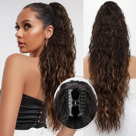 HIUSVO Ponytail Extension Claw 30 Inch Curly Pony Tail Clip in Claw Hair Extensions Fluffy Natural Looking Synthetic Hairpiece for Women - Color: Brown with Blonde Highlights