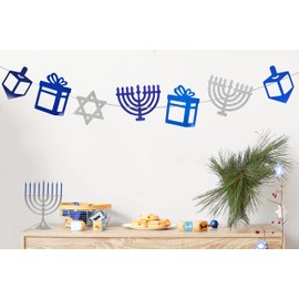 The Dreidel Company Hanukkah Glitter Garland Decoration, Menorah, Dreidel, Gift, and Star of David Decoration - Silver (Pack of 4)